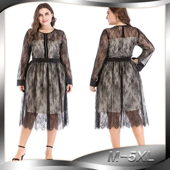 

2019 Summer Fashion Lace Dress Sexy Mesh Large Size Stitching Diamond Long Sleeve Dress for Woman