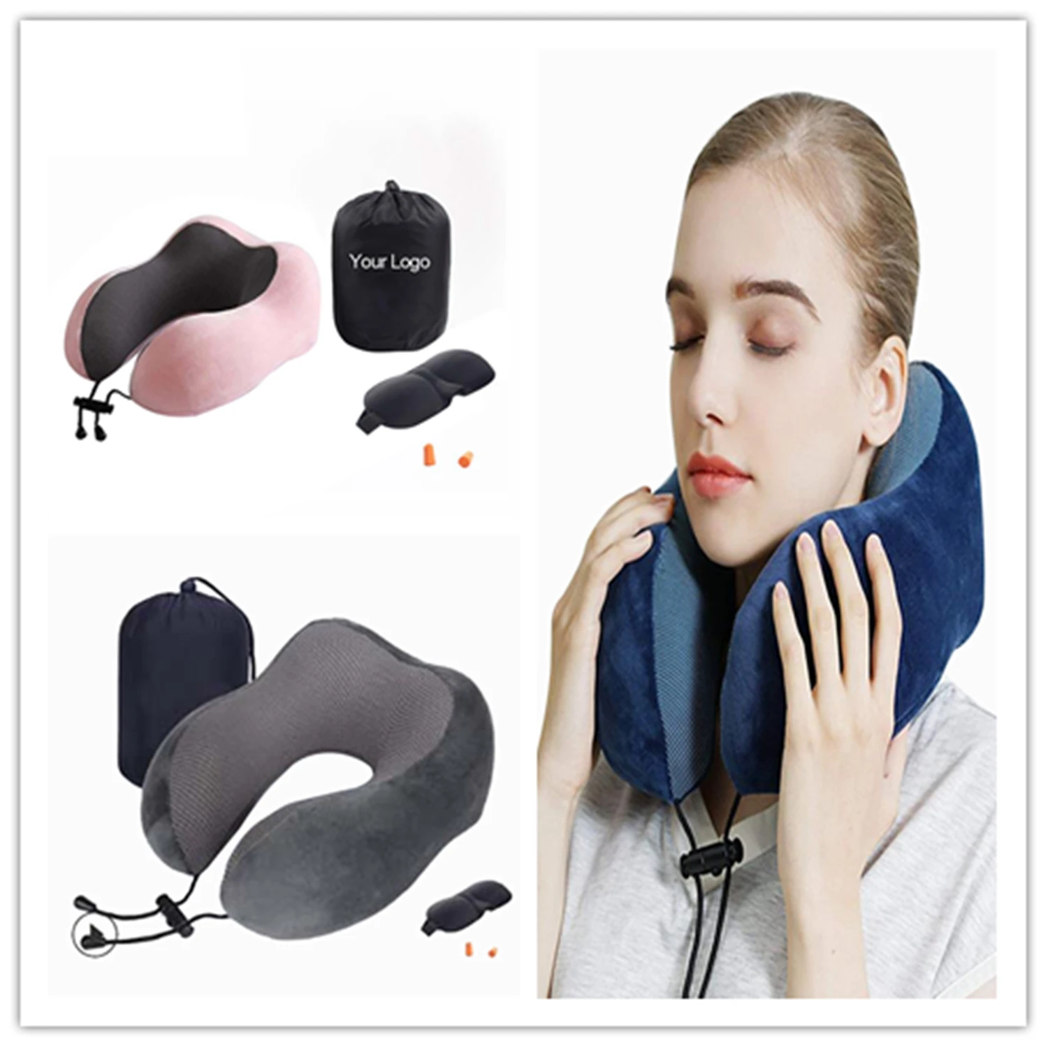 

AA Memory Foam U-Shaped Travel Pillow Adjustable Drawstring Travel Cervical Aircraft Pillow with Sleep Mask and Storage Bag