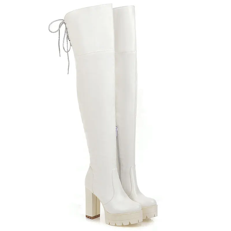 Lloprost ke/зимние женские ботфорты на толстом высоком массивном каблуке; женские Сапоги выше колена на молнии со шнуровкой; женская обувь