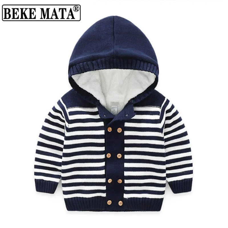 2022 Winter Thick Cotton Knit Hooded Striped Baby Boy Sweaters Long