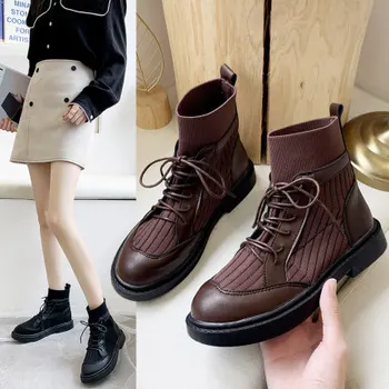 Women #8217 s shoes new 2020 Martin boots women #8217 s British style autumn and winter new Korean wild thick bottom elastic short boots tanie i dobre opinie OUSHILUO Mid-Calf Turned-over Edge Solid Adult Square heel Riding Equestrian Cotton Fabric Square Toe Spring Autumn Rubber