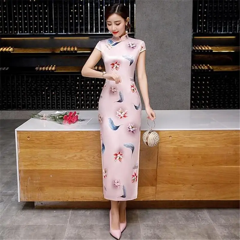 Королевский синий китайский женский современный Qipao платье Мандарин воротник сексуальный Cheongsam с цветочным принтом с коротким рукавом деловая Платья для вечеринок - Цвет: Pink 1