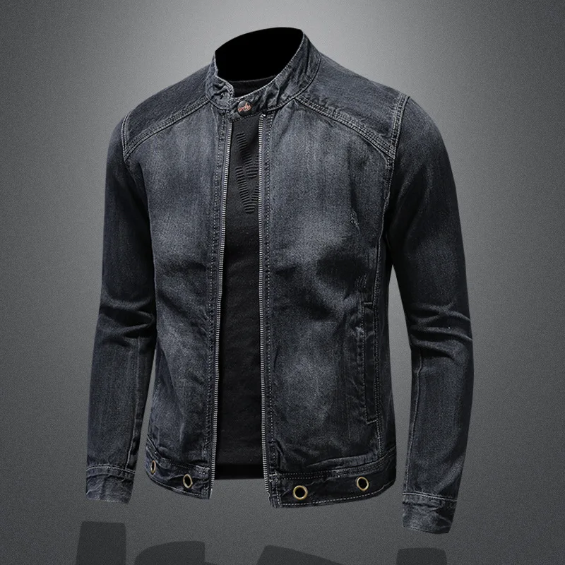 

Collar Men's Stand Motorcycle Biker Jeans Jackets Patchwork Denim Man Slim Fit Streetwear Vintage Jacket Spring Coat