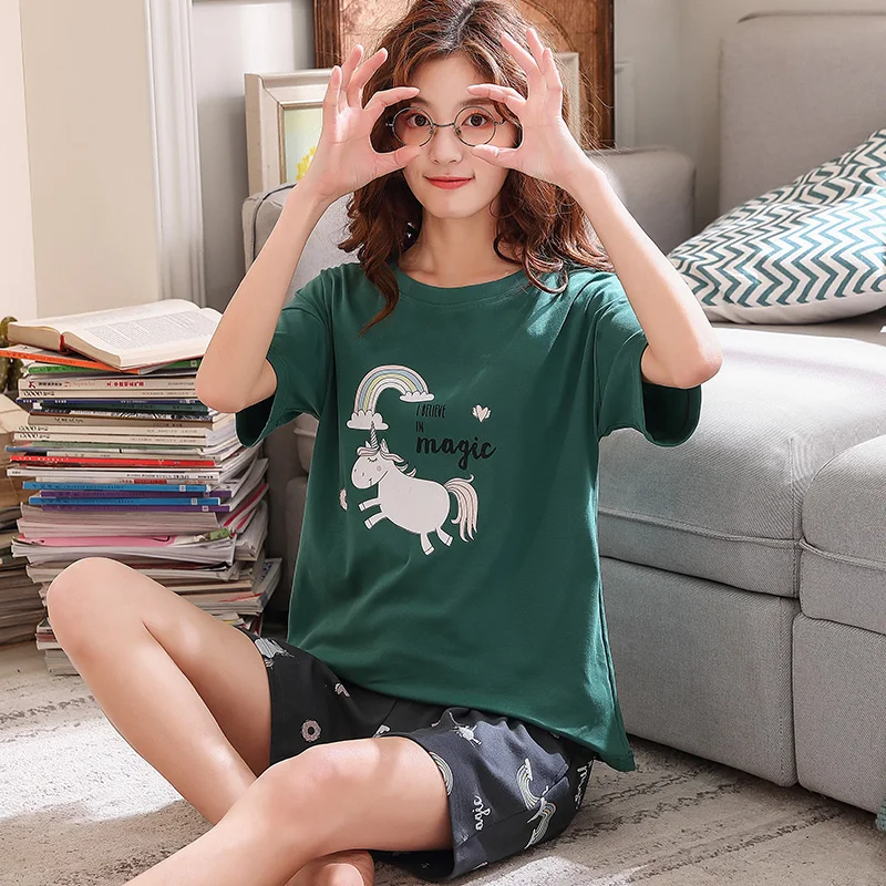 BZEL New Arrival Women's Sleepwear Cute Cartoon Print Set Pajamas For Women Sweet Sleeve Top And Shorts Home Suit Summer | Женская