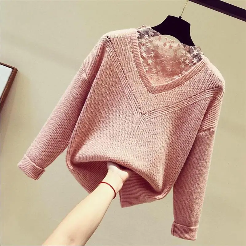 Женские осенние зимние модные кружевные вязаные свитера в стиле пэчворк, женские повседневные теплые пуловеры, женские джемперы, топы N240 - Цвет: pink