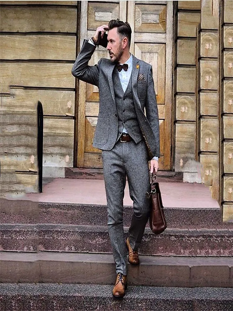 

Latest Designs Men Suits Grey Tweed Suits Jacket Winter Warm Formal Business Suits Men Slim Fit Traje Hombre 3 Pieces Ternos Men