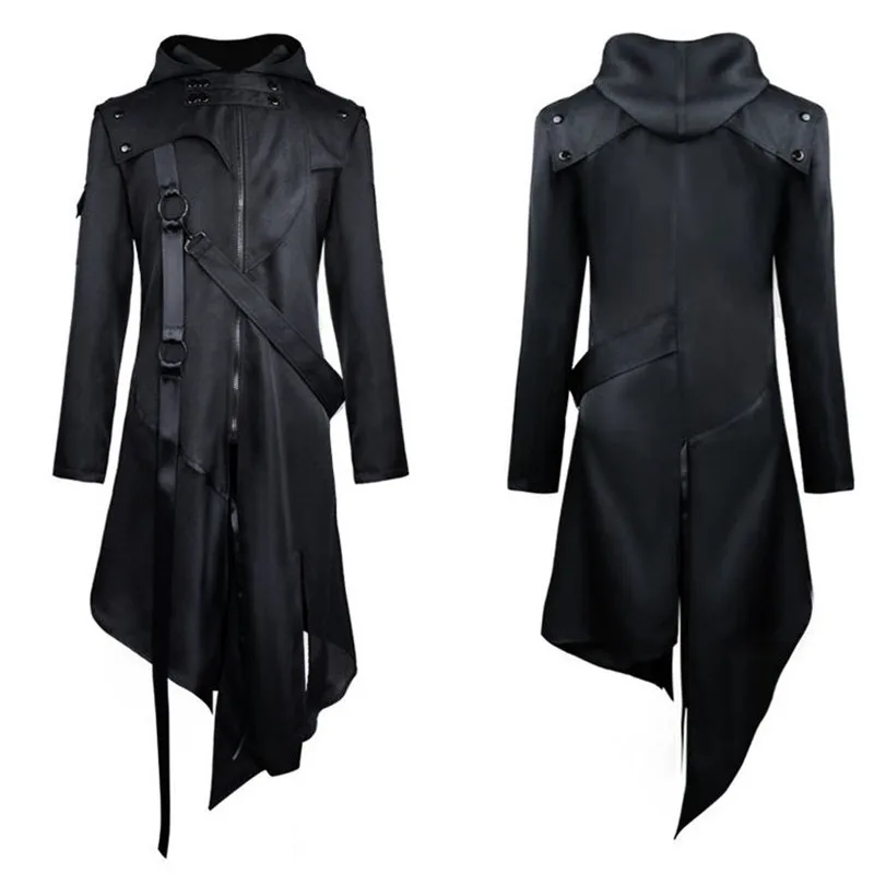 

Vintage Punk Custome cosplay Jackets Gothic Belt Swallow-Tail Coat Long Sleeved Vintage Halloween Long Uniform Men outfit