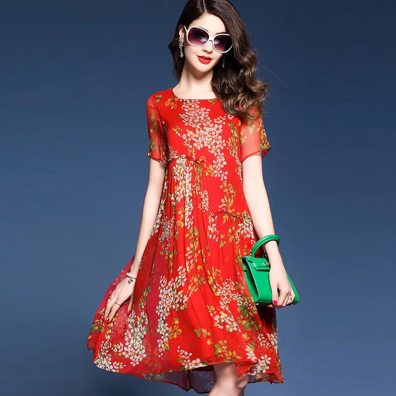 

Europe And America Short Sleeve Red Small Floral Imitated Silk Fabric Dress Summer fang can si Medium-length Dress 2019 New Styl