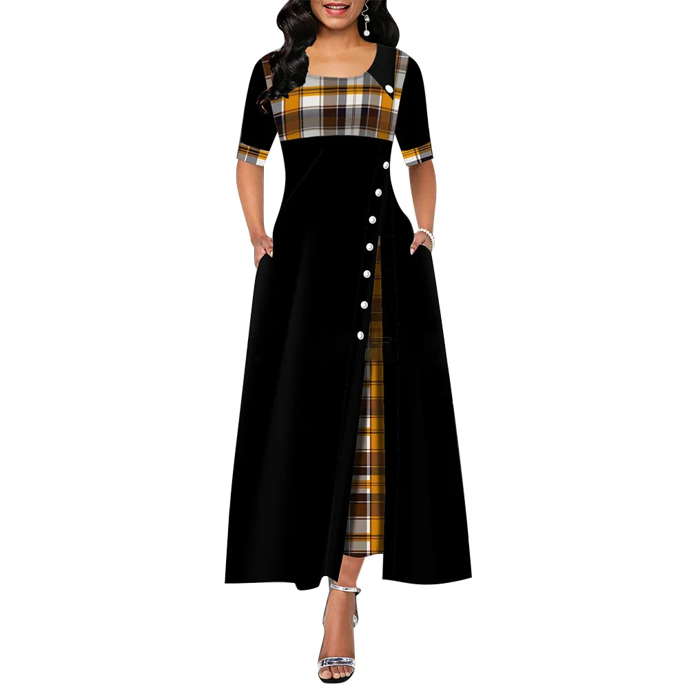 

Elegant Long Dress Women Spring Plaid Print Party Dress Irregular Vintage Dresses Ladies Button A-Line 2020 New Fashion Dress