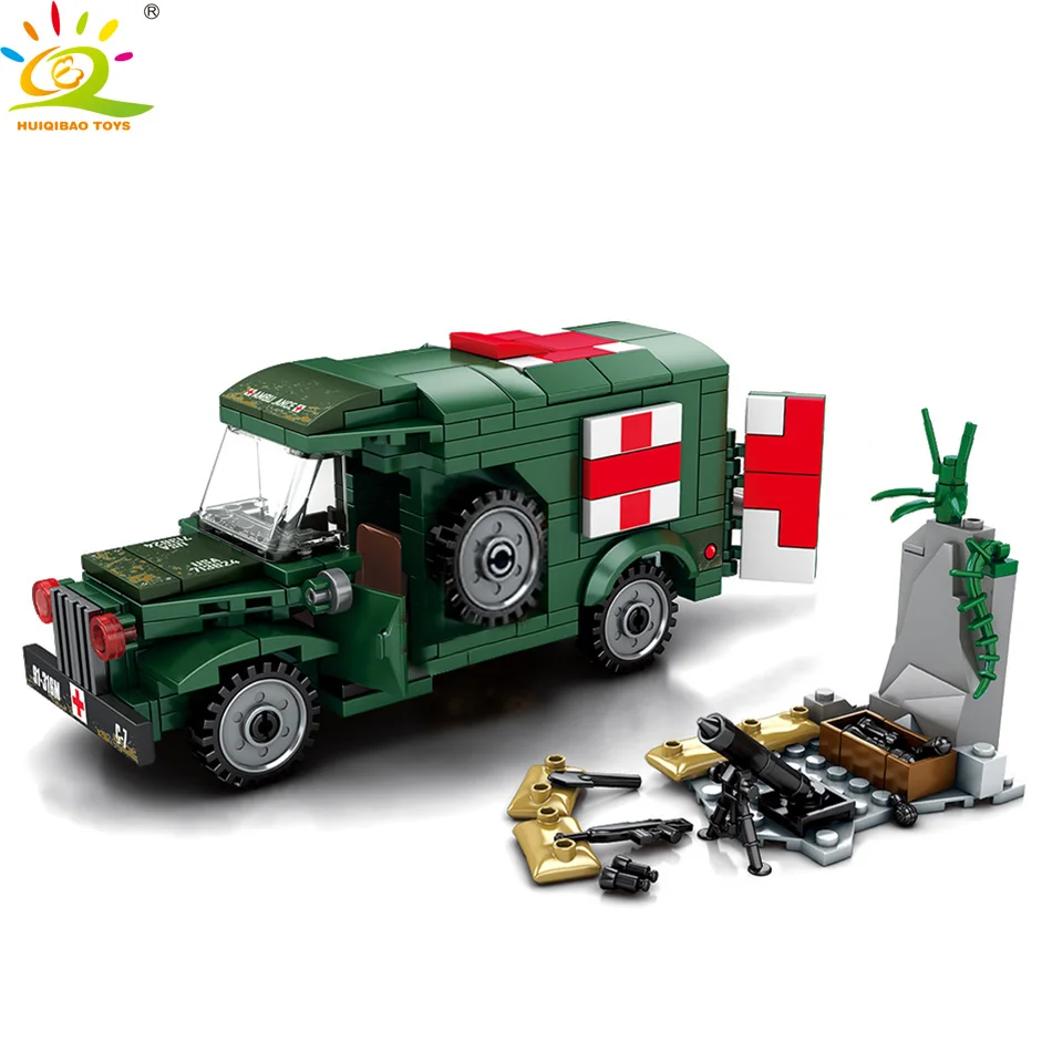 Preise HUIQIBAO SPIELZEUG 2SETS Military US Krankenwagen Soldat Figur Bausteine Für Kinder Kompatibel legoinglys WW2 Armee Lkw ziegel