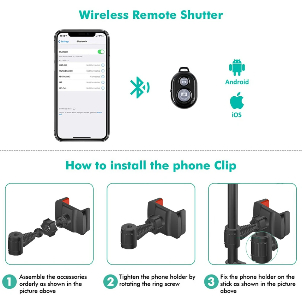 4 detials of circle light with cell phone holder and remote control