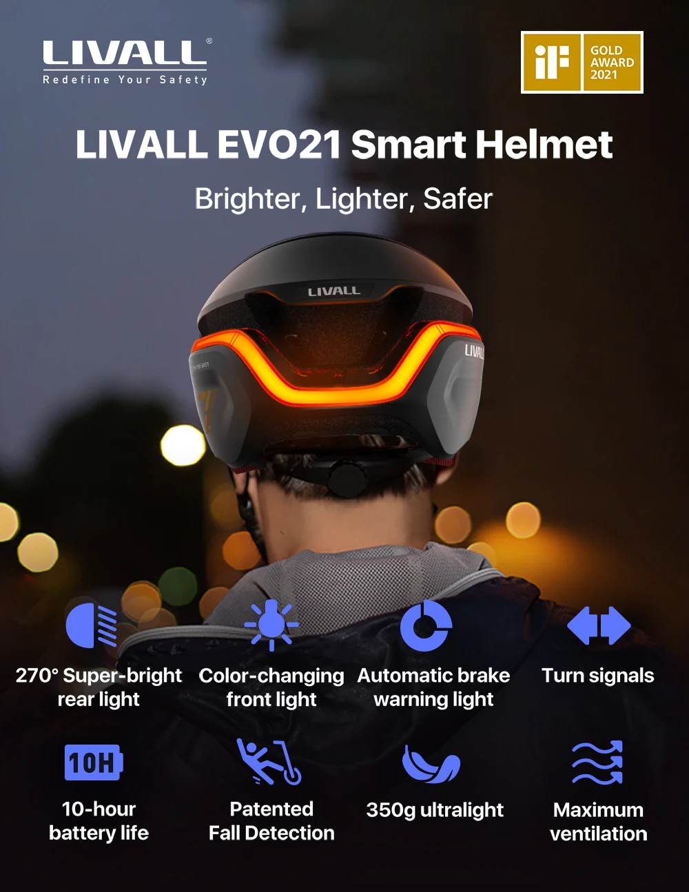 Best Original LIVALL EVO21 Smart MTB Bike Light Helmet for men women Bicycle Cycling Electric scooter Helmet With Auto SOS alert