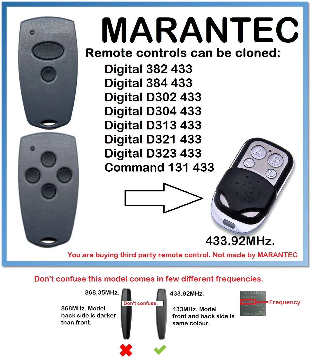 4 channel Marantec DIGITAL 304 remote control frequency 868,3 MHz fixed code