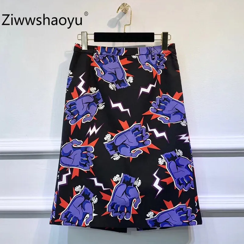 

Ziwwshaoyu Fashion Brand Autumn Cotton Skirt Women Modern Printed Black High Waist Knee-Length Skirt Female