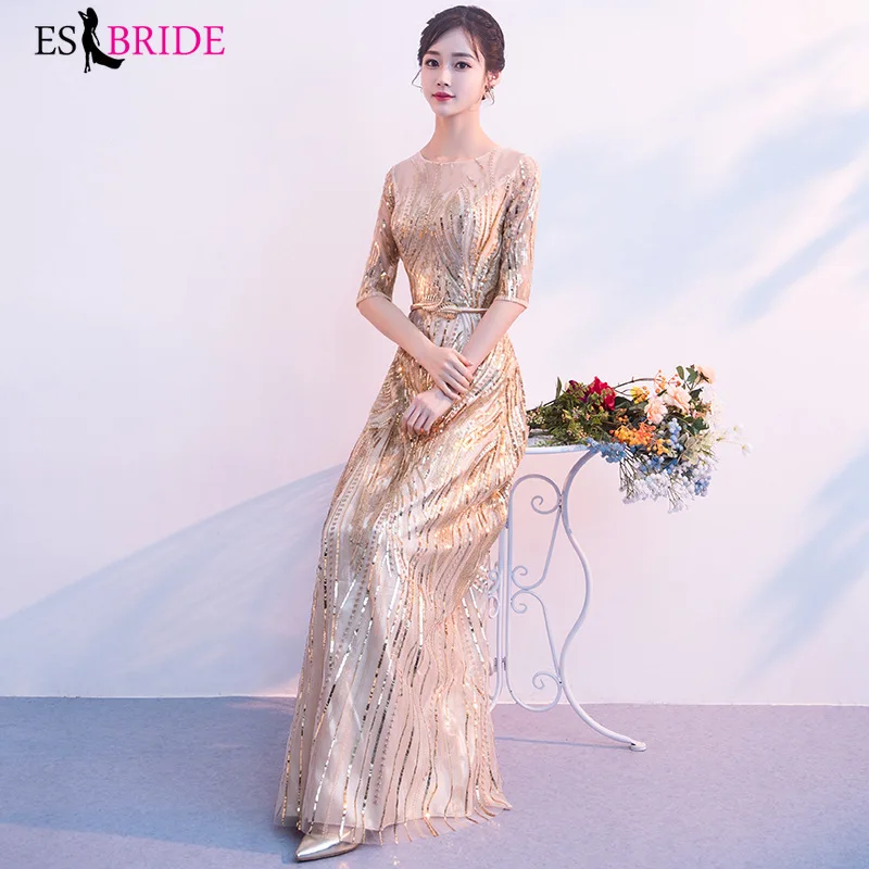 Luxury Evening Dresses Long Fashion Gorgeous Gold Shiny Bead Piece Evening Dress Party Elegant A-line Robe De Soiree ES2611