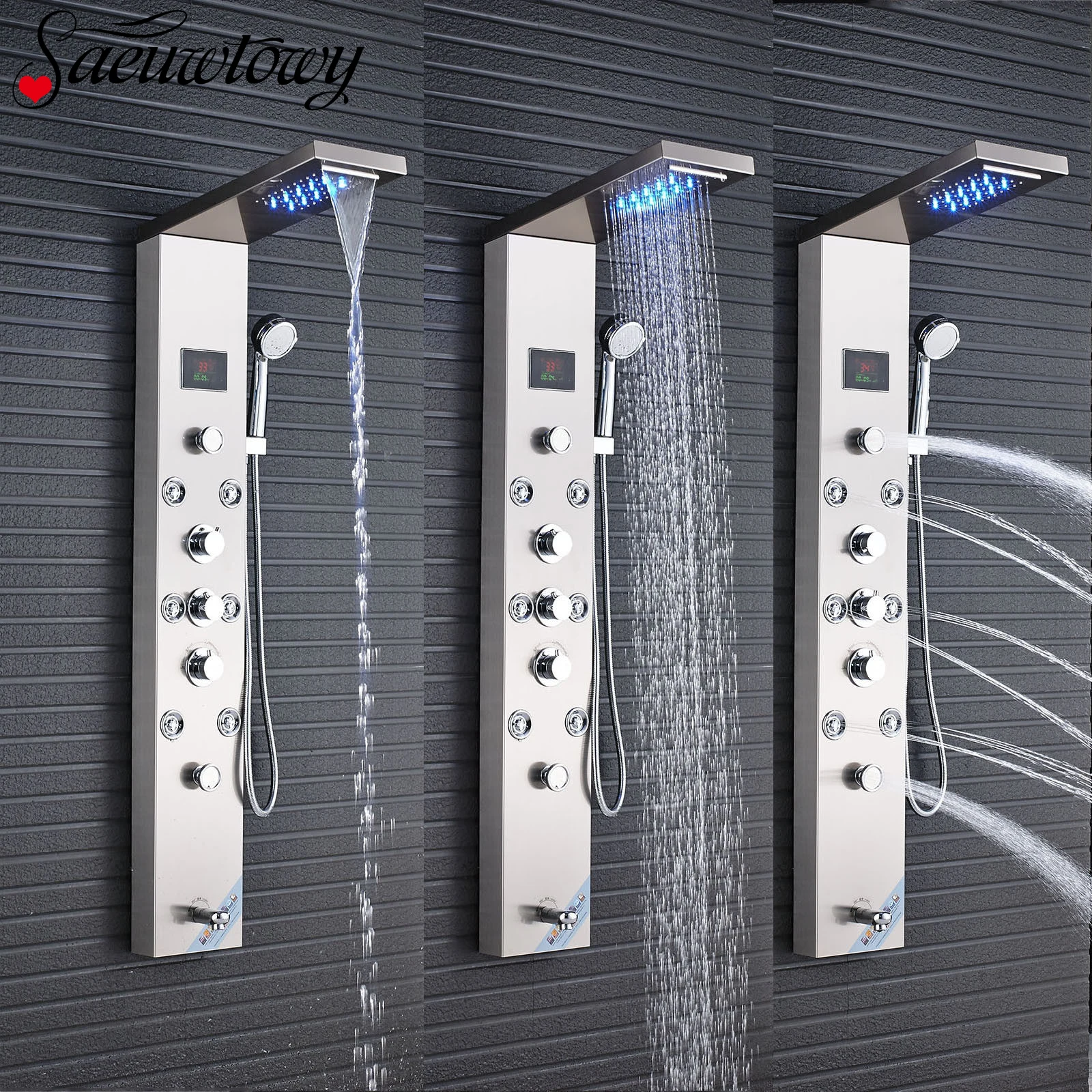 

Rainfall Waterfall Shower Massage LED 5 Function Stainless Steel Bathroom Shower Panel Tap Golden Shower Set