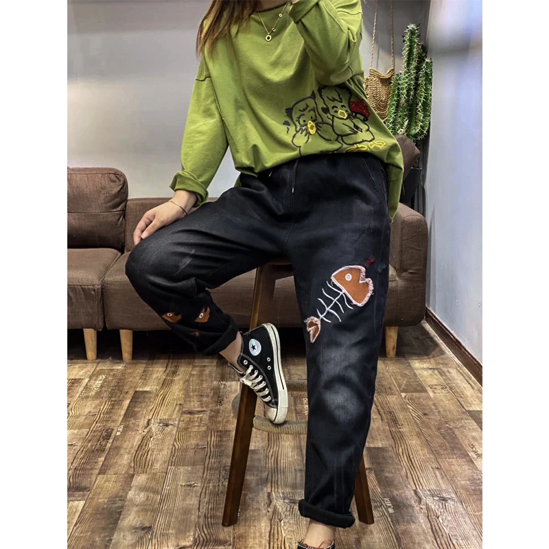 SOUL OF TIGER, модные зимние женские свободные меховые теплые джинсы, женские черные джинсовые брюки в стиле пэчворк, Свободные повседневные штаны-шаровары