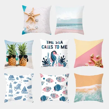 

Pillowcase Marine Animal Decoration Cushion Cover Polyester Throw Pillow Coconut Tree Starfish Conch Printed Sofa Decorations