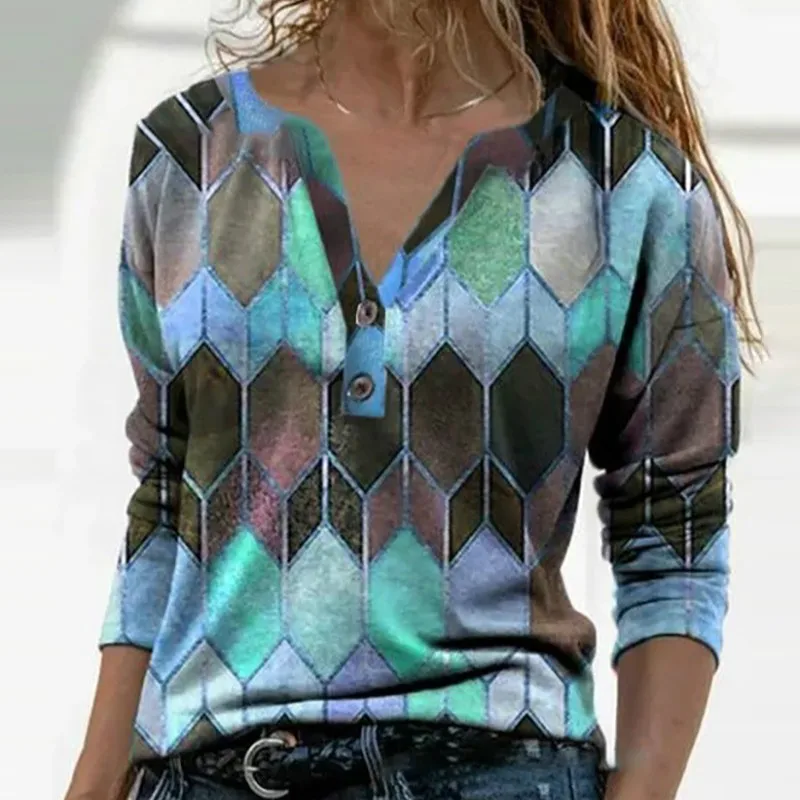 Blouse Casual Office-Shirt Long-Sleeve Pullovers Tops Blusas Geometric-Print Female V-Neck