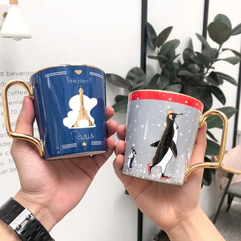 

Light Luxury Drawing Gold Handle Retro Ceramic Cup Wide Mouth Business Office Coffee Cup Small Fresh Student Cup Cups and Mugs