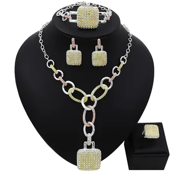 

TSROUND Colorful Lock Pendant Chain Necklace Earrings Bracelet Ring Bridal Jewelry Sets For Women Dubai Gold Fashion Jewelry
