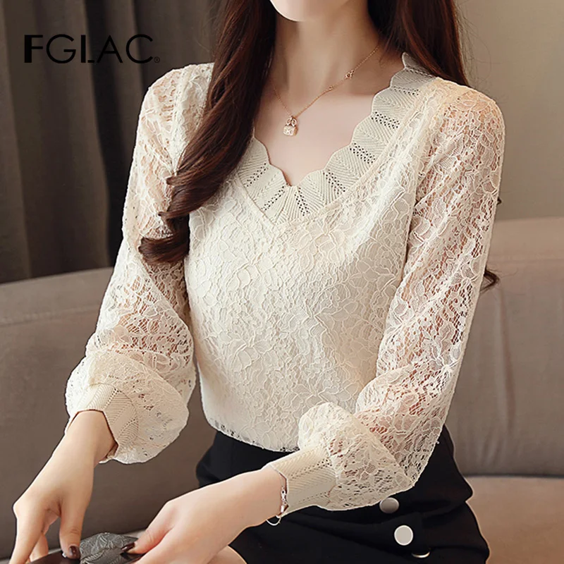 

blusas mujer de moda 2019 Autumn long sleeve lace shirt Elegant slim v-neck blouse women tops and shirt