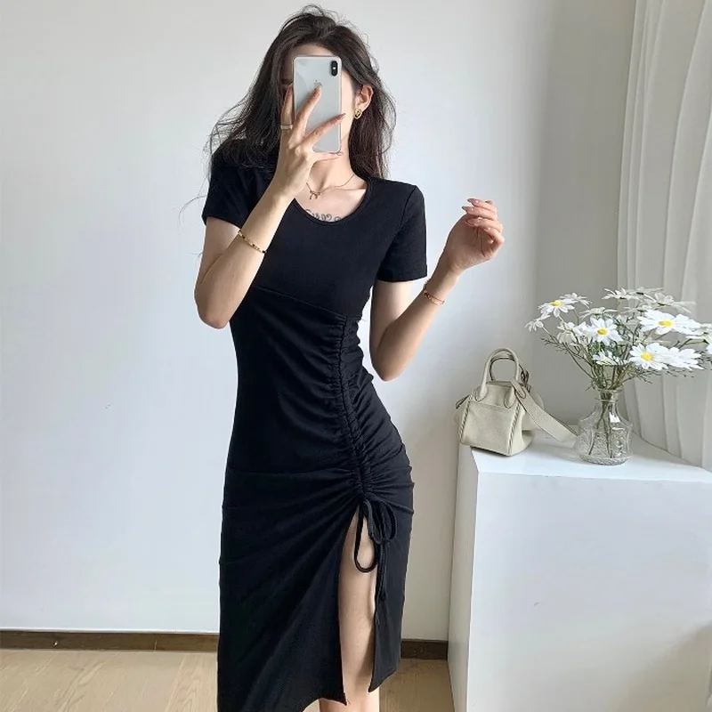

Bandage Bodycon Dress O-Neck Summer Sexy Split Club Black Elastic Stretch Shirring Women Dresses Party Evening Elegant 2021 y2k