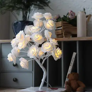 

Led Simulation Rose Cotton Ball Table Lamp Bedside Nightlight Girl's Heart Room Bedroom Decorative Modeling Tree Rose Gold Light