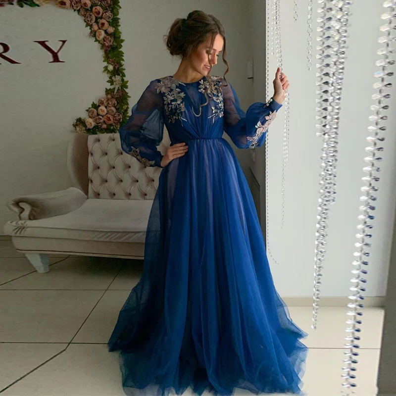 

Vintage Long Sleeve A-Line Evening Dresses 2020 Applique Robe de soiree Dubai Custom Made Formal Elegant Prom Gowns Dress