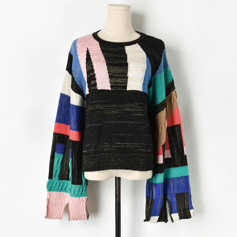 2019-Korean-Autumn-Women-Long-Sleeve-Geometric-Patchwork-Runway-Knitted-Sweater-Female-Oversized-Split-Flare-Pullover