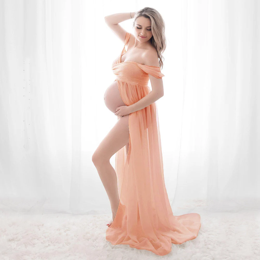 Maternity Chiffon Lace Split Off Shoulder Gown for Photoshoot & Baby Shower Sadoun.com