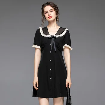 

2020 Summer Women Fashion Short-sleeved Black A-line Casual Mini Dresses Peter Pan Collar Elegant Party Dress Female Vestidos