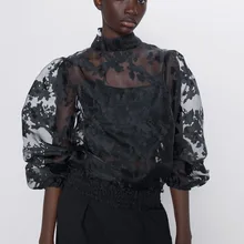 Новинка ZA, рубашка из органзы с вышивкой, женская модная черная водолазка с круглым вырезом и длинным рукавом, повседневные топы на осень и зиму
