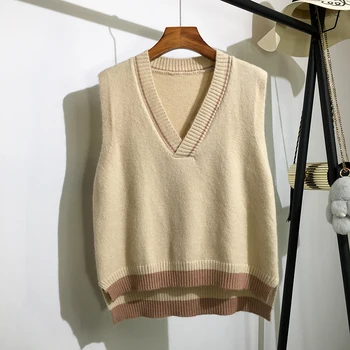 

Fashion Patchwork Winter Women's Vest Korean Casual Sweater Waistcoat Female Loose Sleeveless Jacket V-Neck Knitted Outerwear