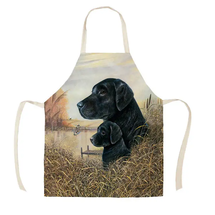 1Pcs Kitchen Apron Sketch black dog Printed Sleeveless Cotton Linen Aprons for Men Women Home Cleaning Tools 55*68cm