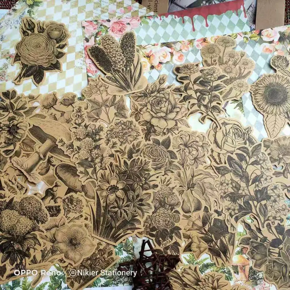 45 pcs Vintage Kraft Paper Sticker Retro Flowers Mushrooms Deco DIY Diary Planner Scrapbooking Stickers Junk Journal Stationery 10pc pack vintage junk journal large size retro material papers diy scrapbooking album diary happy planner gift decorative paper