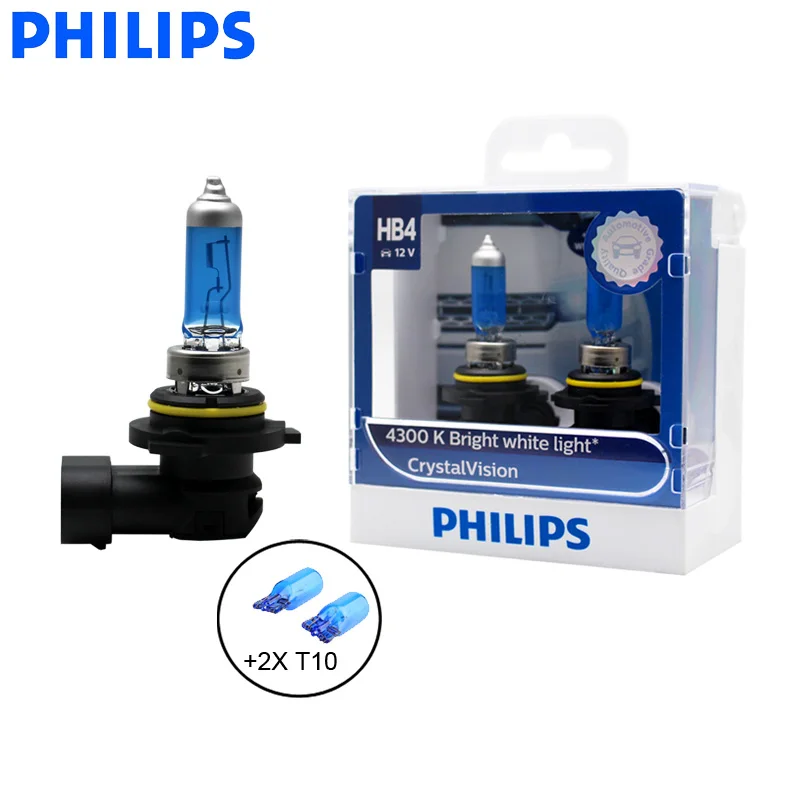 Philips H1 H4 H7 H11 9005 9006 12V Crystal Vision 4300K яркий белый светильник, галогенный автомобильный головной светильник, противотуманные фары+ 2x лампы T10, пара