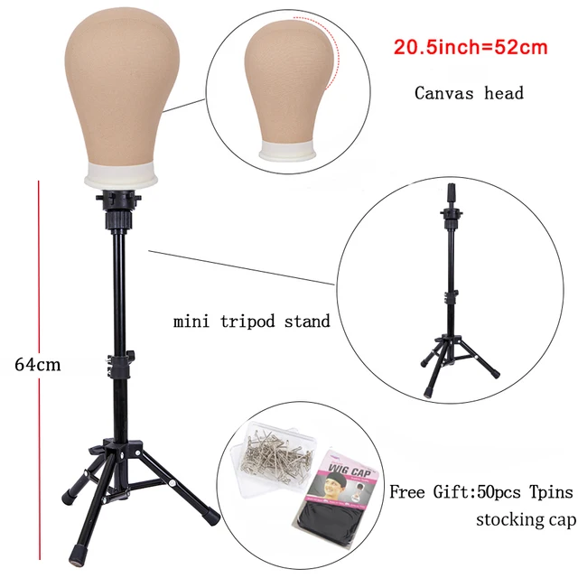 Alileader New 152Cm/64Cm Wig Stand Wig Tripod With Mannequin Canvas Block Head Adjustable Tripod Stand Wig Making kit TPins Gift 64cm stand 20.5in xi
