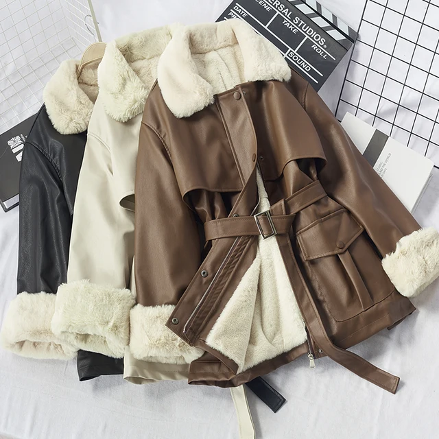Winter Oversized Leather Jacket Women with Faux Rex Rabbit Fur Inside Warm Soft Thickened Fur Lined Coat