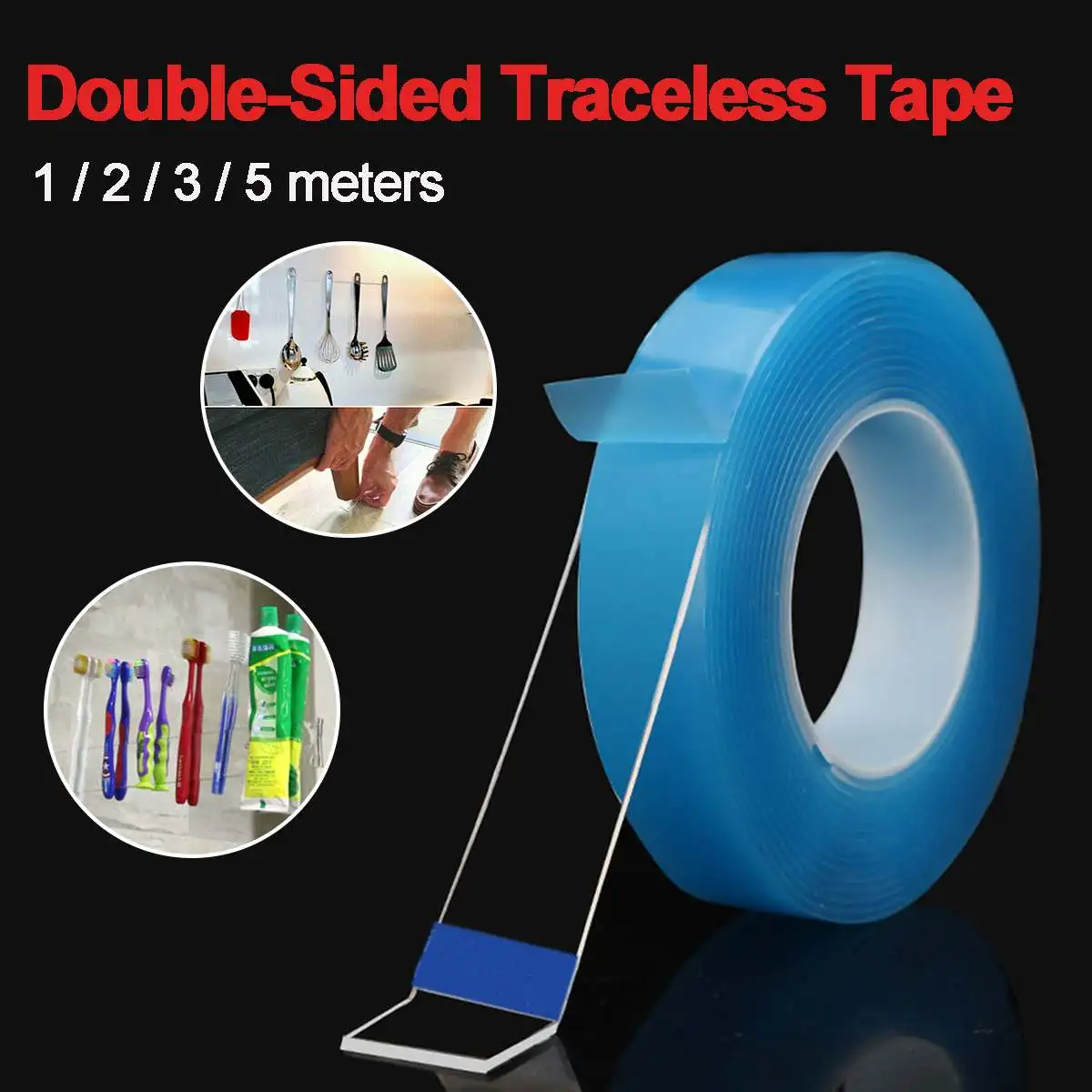 

1/2/3/5M Reusable Double Sided Tape Heavy Duty Adhesive Transparent Traceless Tape Clear Washable Remove Sticker
