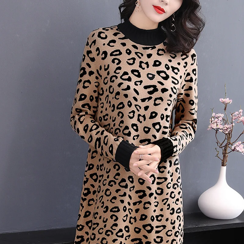 MEVGOHOT/осенне-зимнее женское леопардовое платье повседневные свободные в стиле пэтчворк плотное вязаное платье женское теплое вязаное длинное платье HD2111