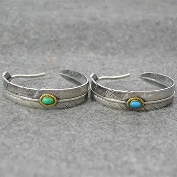 

Thai Silver Retro Feather Bracelet Genuine Sterling Silver Men's Hand Ring Red Street Accessories Bangle