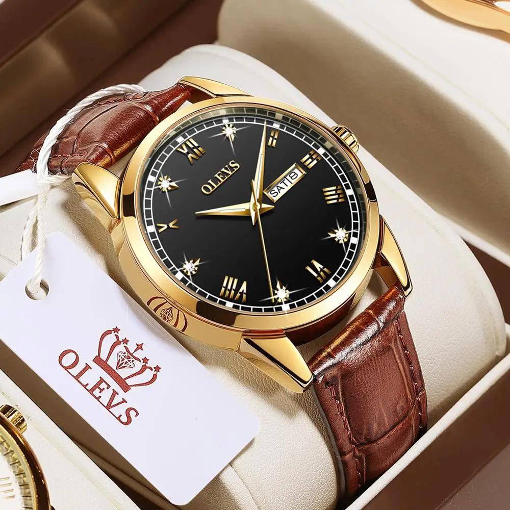 

OLEVS Luxury Quartz Watches For Men Dual Calendar Luminous Quartz Wristwatch Belt Waterproof Watches For Men Golden Dial Watch