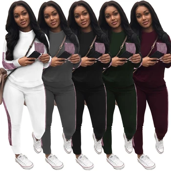 

Two Piece Set Clothes Sequin Patchwork Pullover Top + Pants Suit Women Tracksuit Jogging Femme Streetwear Matching Sets Outfits