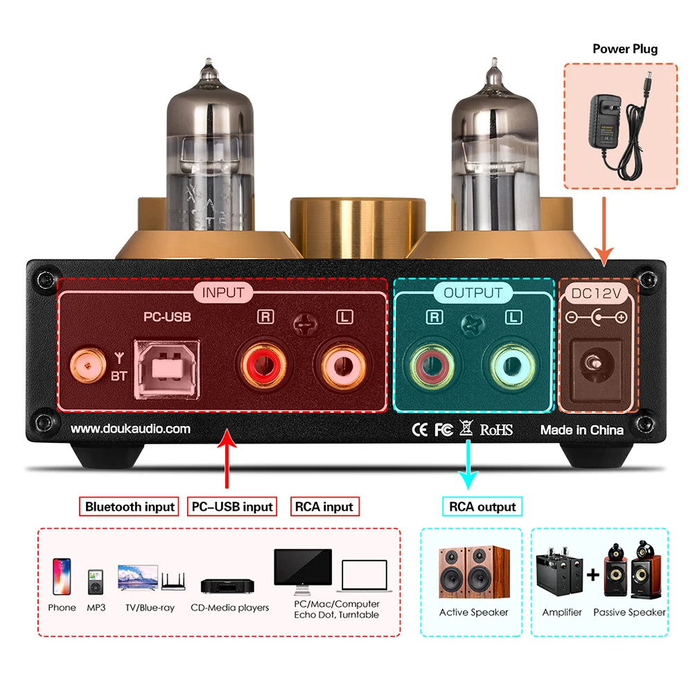 Douk аудио HiFi Bluetooth 5,0 ламповый вакуумный предусилитель USB DAC APTX домашний стерео аудио предусилитель усилитель для наушников