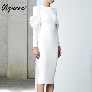 

Bqueen Women Simple White O Neck Long Puff Sleeve Knee-Length Bodycon Bandage Dress 2019 New Fashion Party Bodycon Vestido