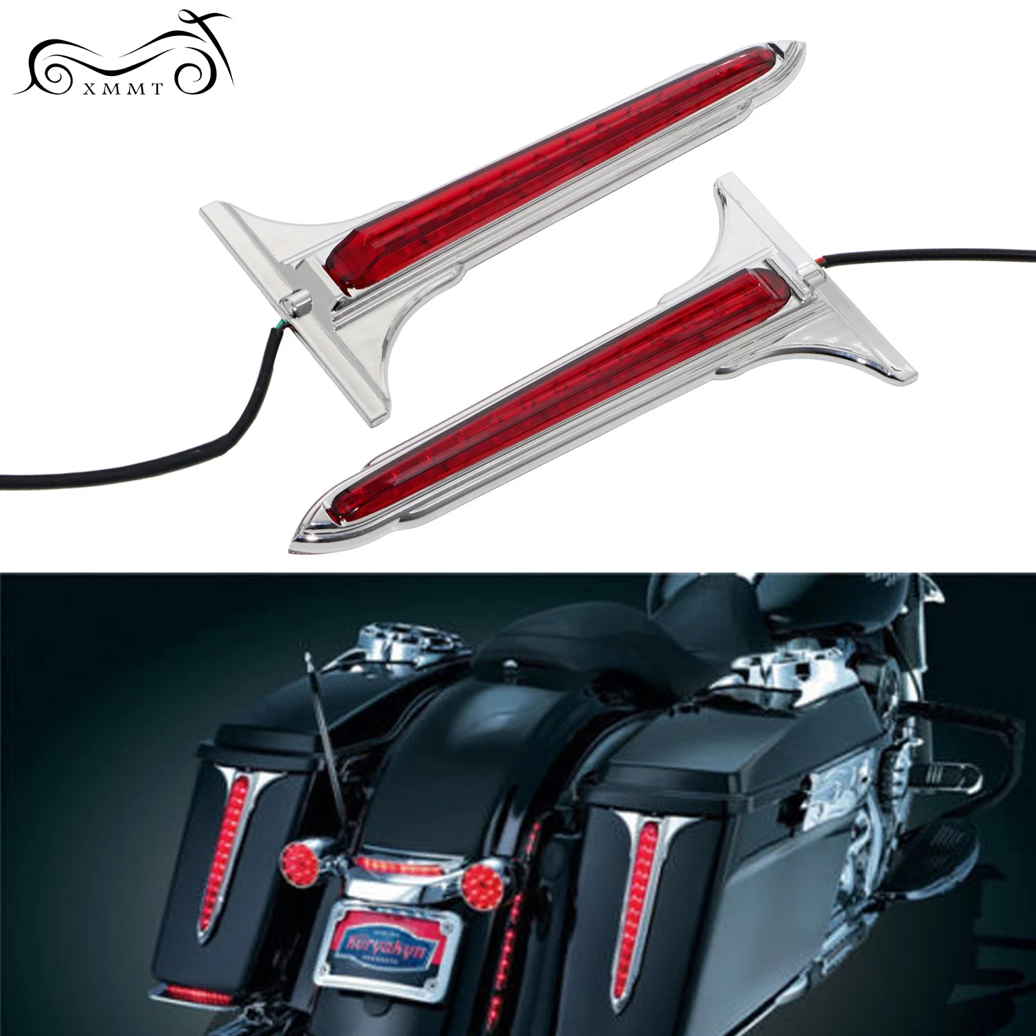 Chrome Wedge LED Brake Tail Light Rear Saddlebag Accents Lights With Smoke/Red Lens For Harley