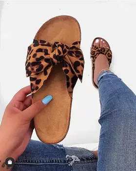 

2019 Summer Fashion Shallow Leopard Print Women's Sandals Butterfly-knot Outside Slippers Slip-on Ladies Cute Flat Hot 9075