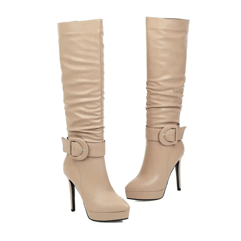 ANNYMOLI Winter Knee High Boots Women Buckle Stiletto Heel Tall Boots Pleated Super High Heel Shoes Female Autumn Big Size 3-12 - Цвет: Apricot