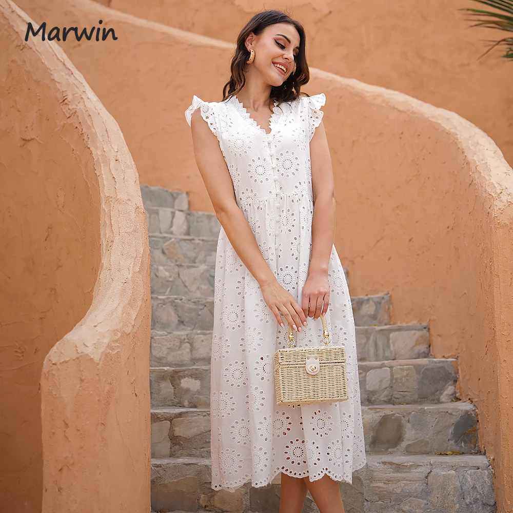 Marwin Long Simple Casual Solid Hollow Out Pure Cotton Holiday Style High Waist Fashion Mid-Calf Summer Dresses NEW Vestidos